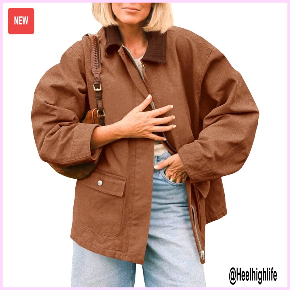 Oversized Barn Jacket With Zip Up, Corduroy Collar, Multiple Pockets, Recycled